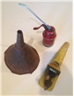 3 Old Vintage Oil Tools - Metal Funnel, Openner & Spout, Oiler