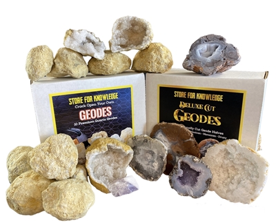 Deluxe Geode Double Gift Pack - 10 Break Your Own Quartz Geodes &amp; Cut Half Mexican Florescent, Trancas, Druzy Mist, &amp; Choyas
