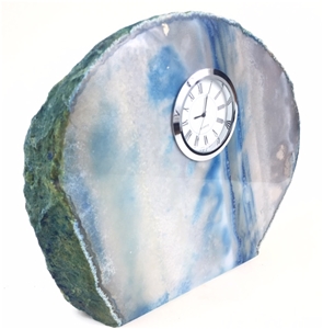 Blue Polished Agate Slab Clock w/ Cut Base 9&quot; 8.7 lbs 