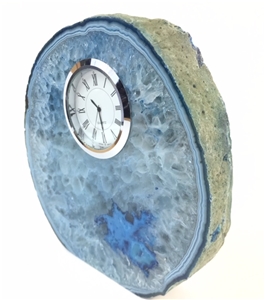 Blue Polished Agate Slab Clock w/ Cut Base 6.75&quot; 4.5 lbs 