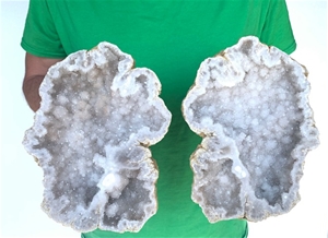 8.5&quot; Saw Cut Geode Halves | Moroccan Druzy Crystals Quartz Display w/ Stands