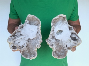 7&quot; Saw Cut Geode Halves | Moroccan Druzy Crystals Quartz Display w/ Stands