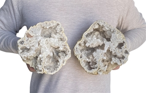 Large 8&quot; Saw Cut Geode Halves | Moroccan Druzy Crystals Quartz Display w/ Stands