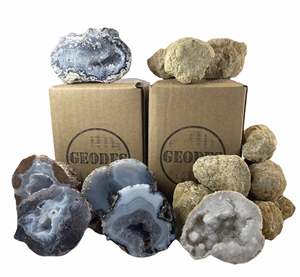 Deluxe Geode Gift Pack - 10 Break Your Own Quartz Geodes | Cut Half Mexican Florescent, Trancas, Druzy Mist, &amp; Choyas
