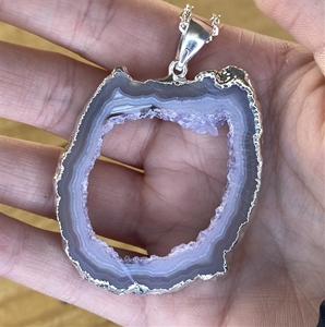 Large Silver Plated Pendant Geode Slice Necklace 
