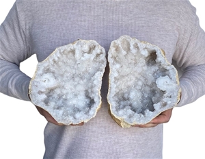 Large 9&quot; Saw Cut Geode Halves | Moroccan Druzy Crystals Quartz Display w/ Stands