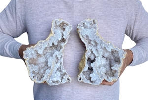 Large 8.5&quot; Saw Cut Geode Halves | Moroccan Druzy Crystals Quartz Display w/ Stands