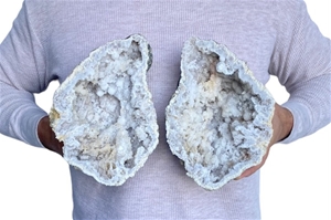 Large 8.5&quot; Saw Cut Geode Halves | Moroccan Druzy Crystals Quartz Display w/ Stands